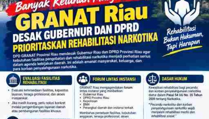 Banyak Keluhan Masyarakat, GRANAT Riau Desak Gubernur dan DPRD Prioritaskan Rehabilitasi Narkotika